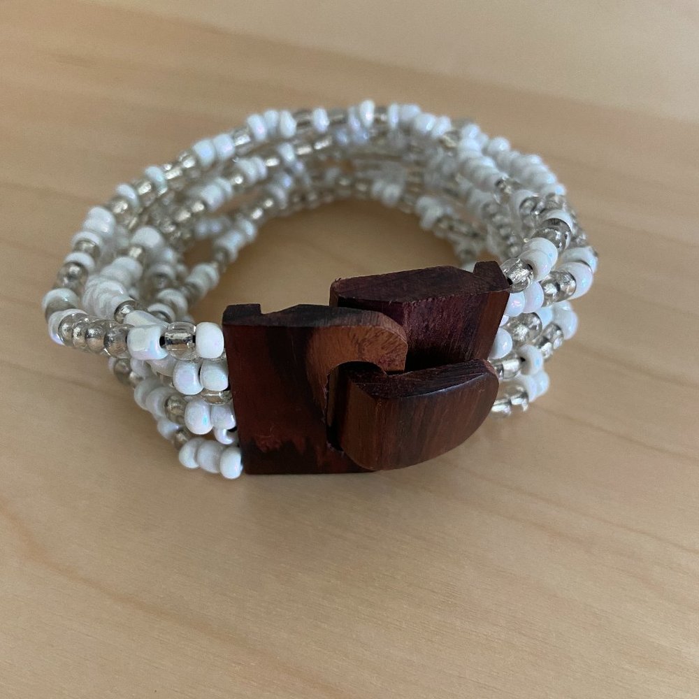 3/$20 Boho Beaded Bracelet with Wood Clasp- White